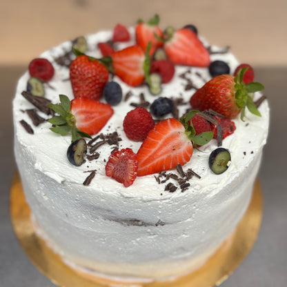 Sponge cake, cream, and strawberries